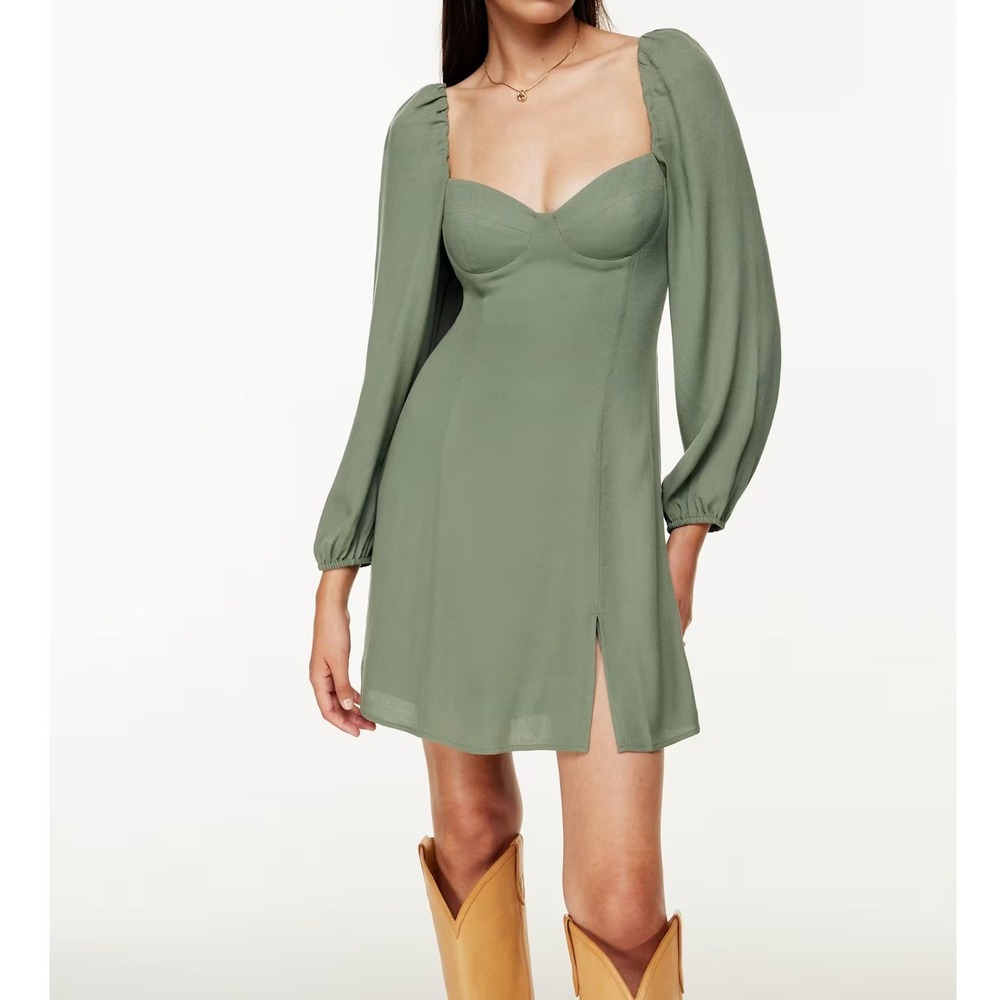 Aritzia Wilfred Novella Mini Dress in Bitter Sage Puff Sleeve Slit Smocked 2